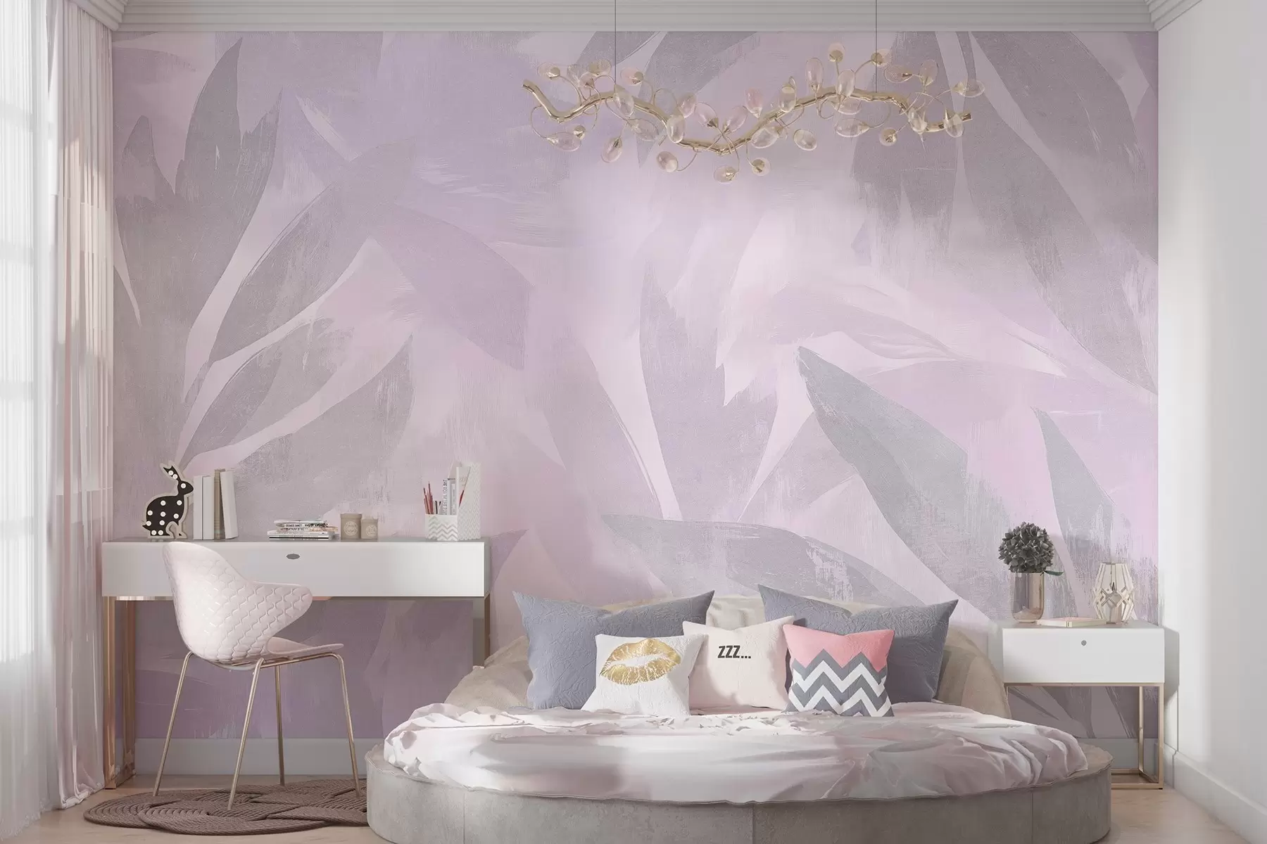 murales de pared Hojas tropicales, florales, palmeras, estilo pastel, colores morados w03881v1