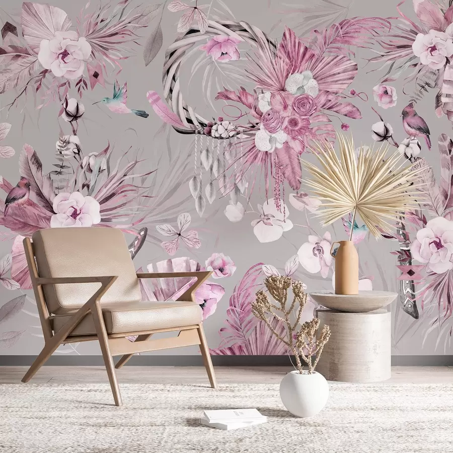murales de pared Adorno de estilo boho con flores de peonía y pájaros, estilo acuarela, colores rosas w03885v1