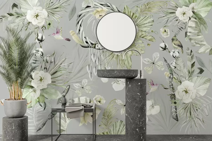 Murales de pared Adorno de estilo boho con flores de peonía y pájaros, estilo acuarela, colores verdes w03885v2 murales de pared Adorno de estilo boho con flores de peonía y pájaros, estilo acuarela, colores verdes w03885v2