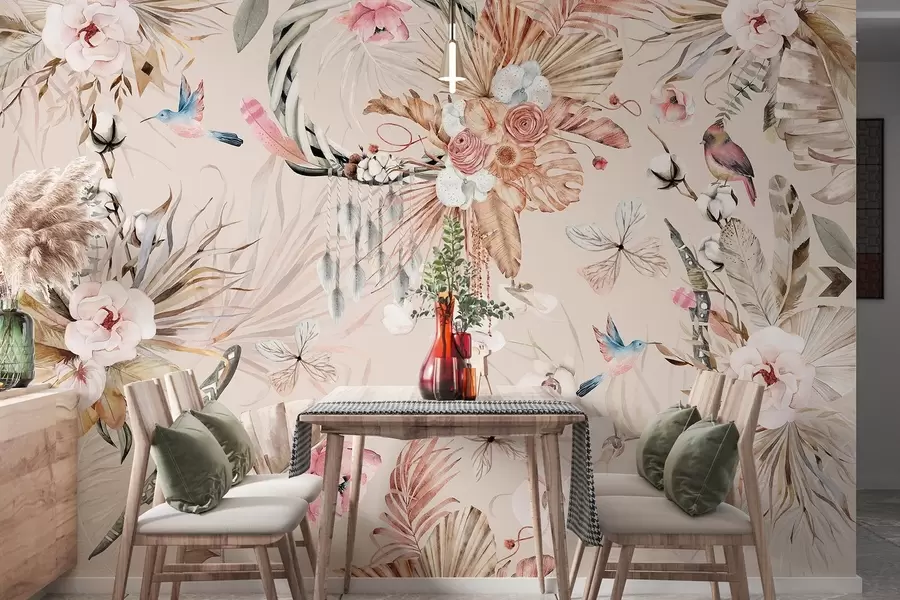 murales de pared Adorno de estilo boho con flores de peonía y pájaros, estilo acuarela, colores suaves w03885v3