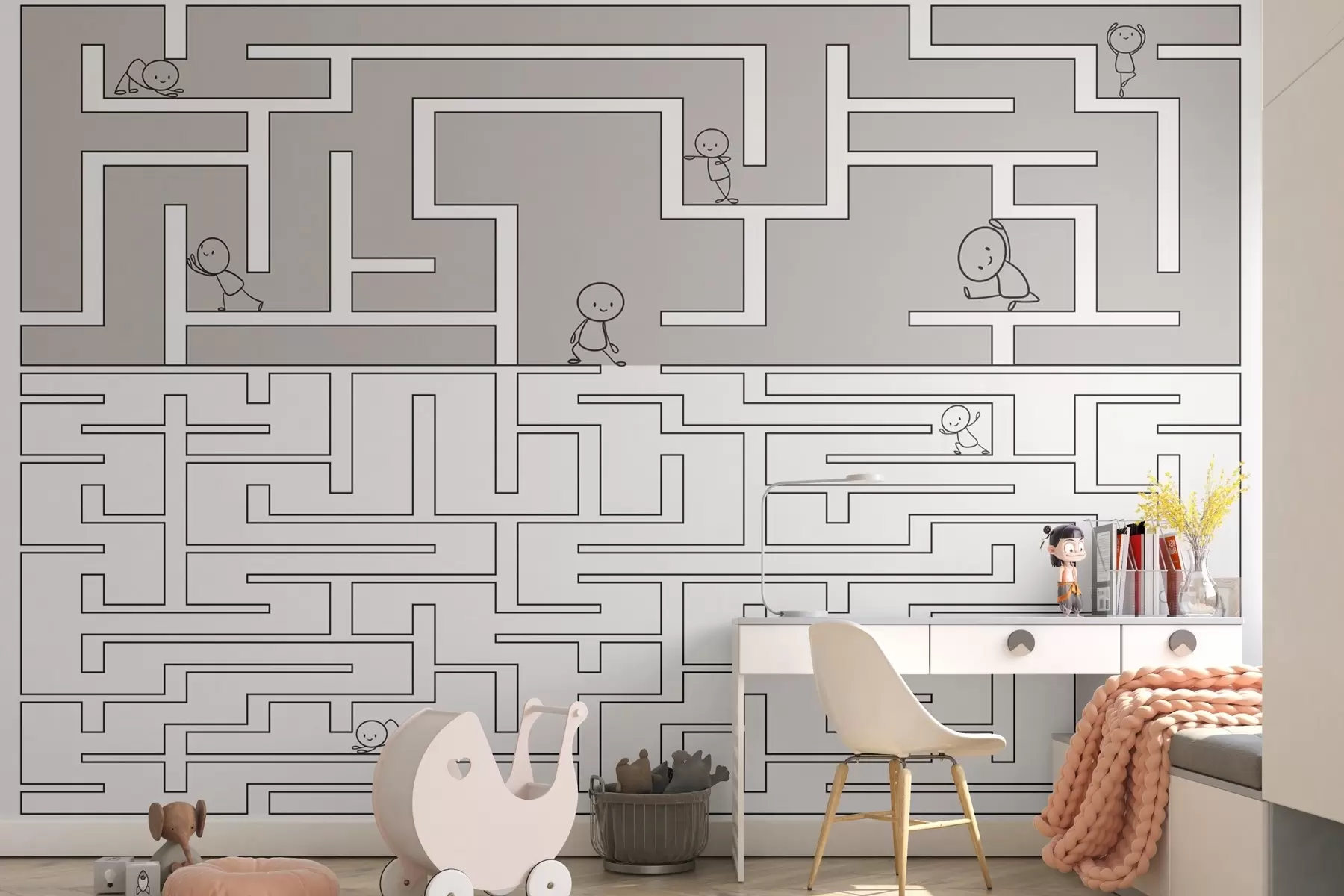 murales de pared Laberinto en gris claro y blanco w03873v5