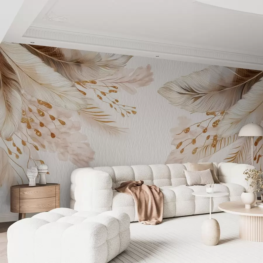 murales de pared Hierba de las pampas y plumas en estilo acuarela en beige y blanco sobre papel w09079