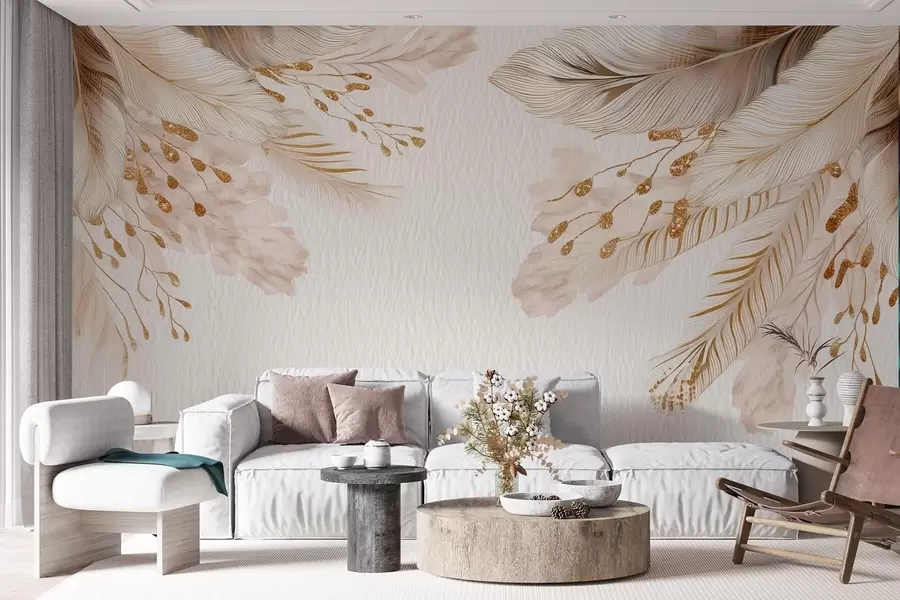 murales de pared Hierba de las pampas y plumas en estilo acuarela en beige y blanco sobre papel w09079