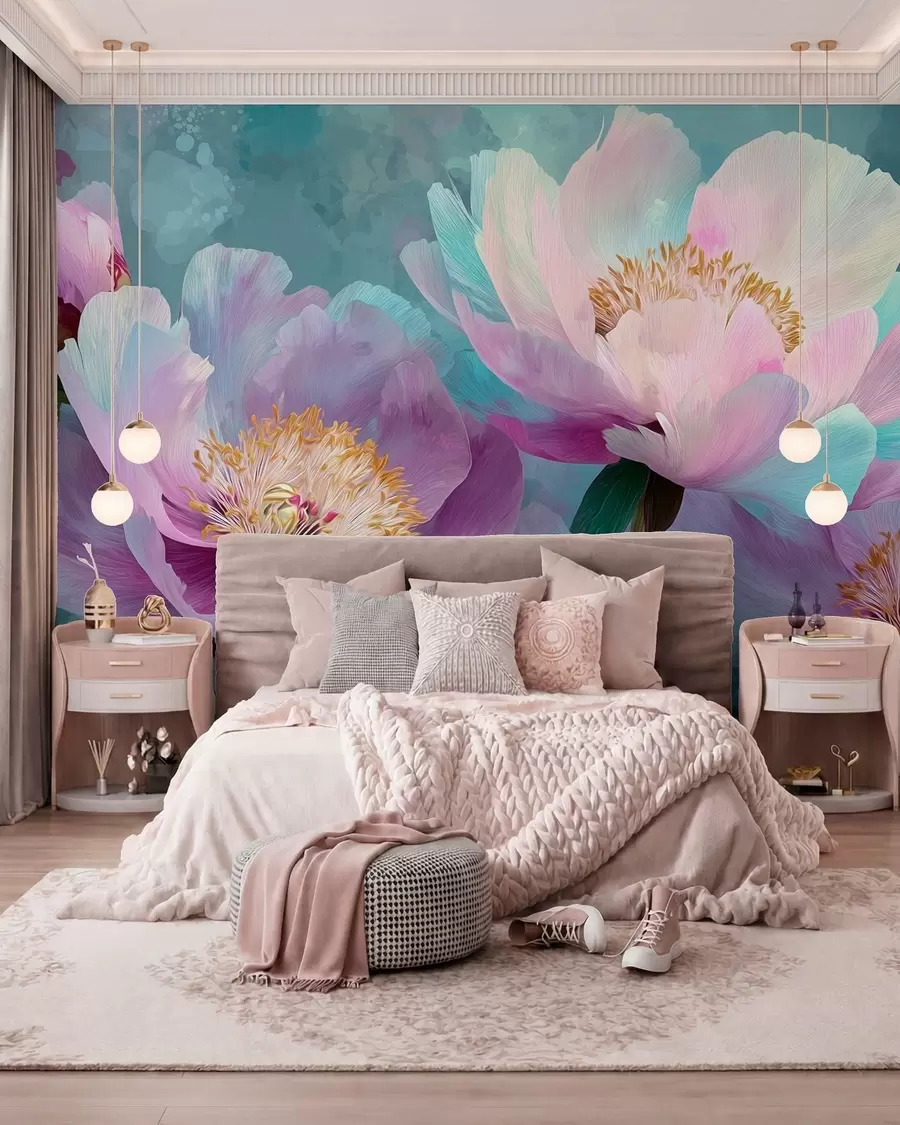 murales de pared Peonías de colores en tonos azules y morados w09087
