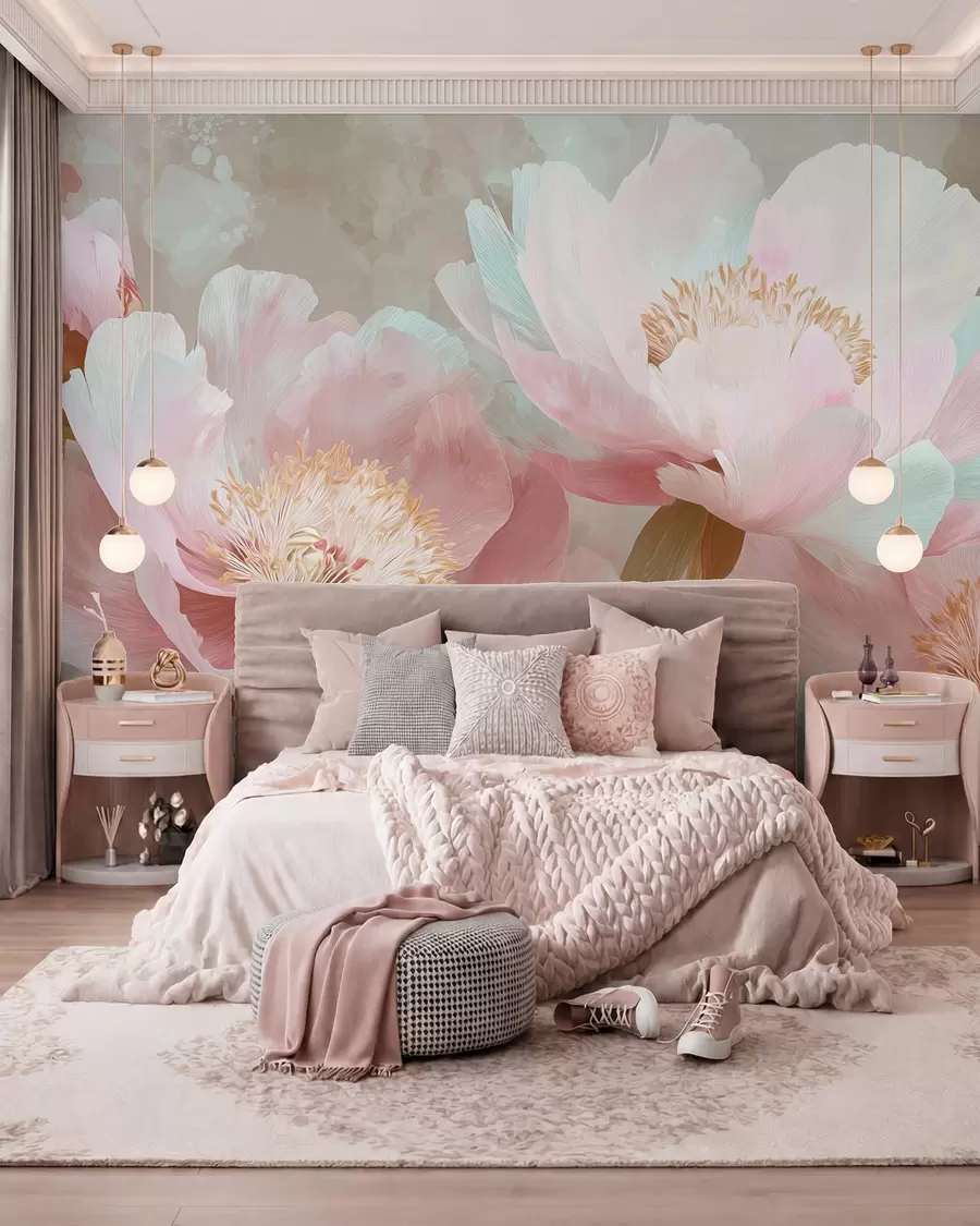 murales de pared Delicadas peonías en tonos rosa y beige w09087v1