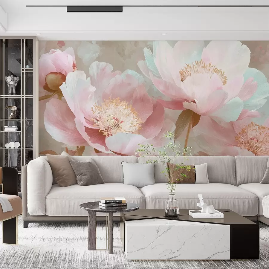 murales de pared Delicadas peonías en tonos rosa y beige w09087v1