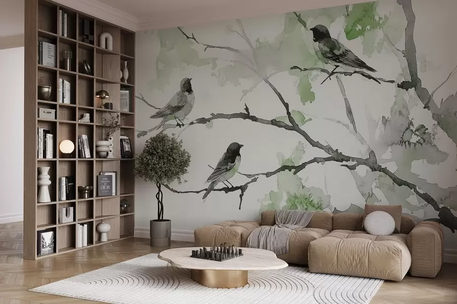 murales de pared Pájaros en las ramas de los árboles en estilo acuarela w09064v3