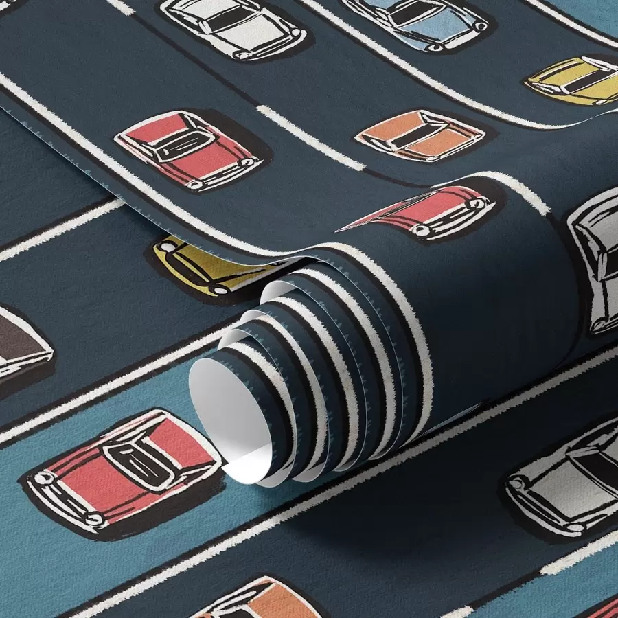 murales de pared Coche retro en carretera azul marino al estilo de los años 60 a00118