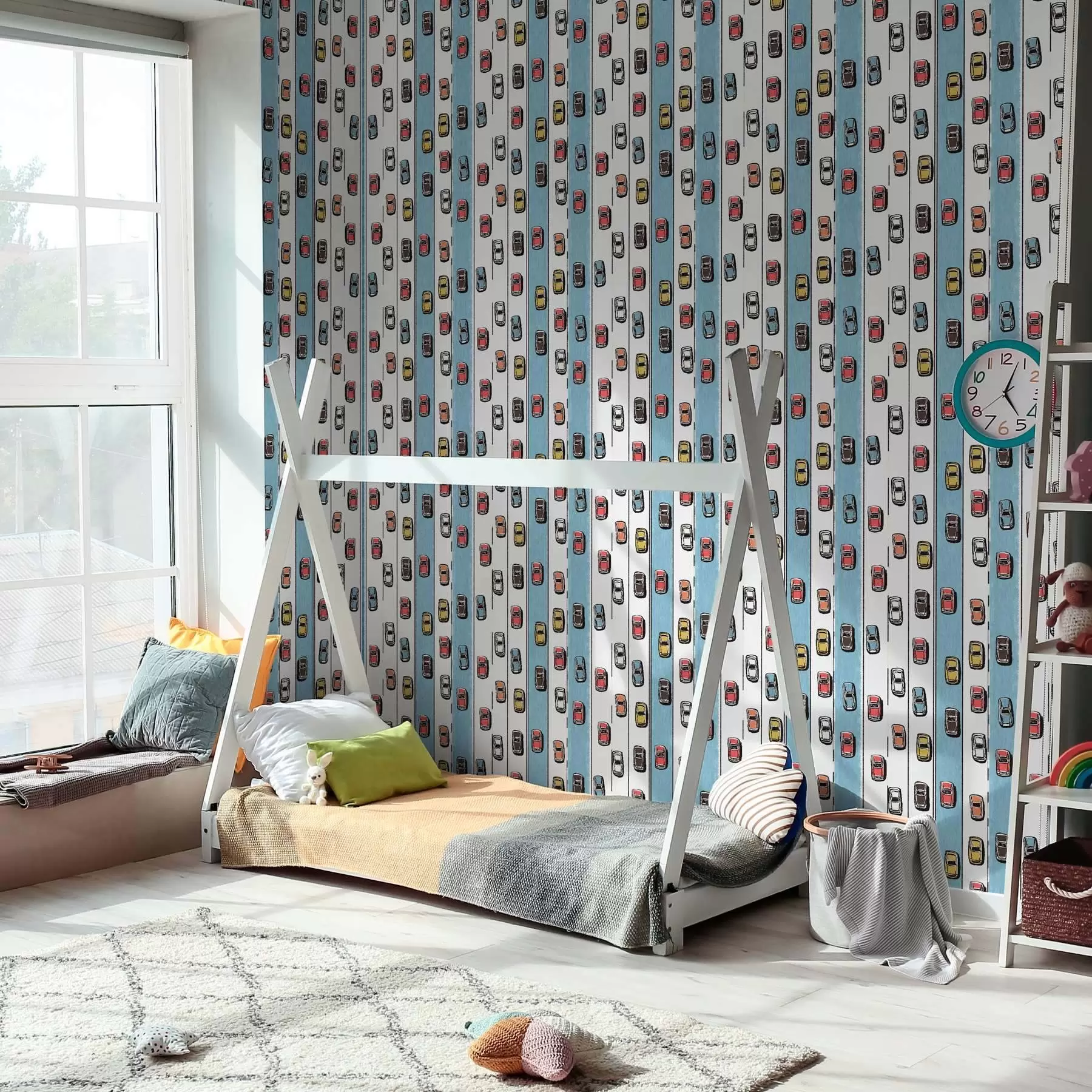 murales de pared Coche retro en una carretera blanca y azul al estilo de los años 60 a00118v2