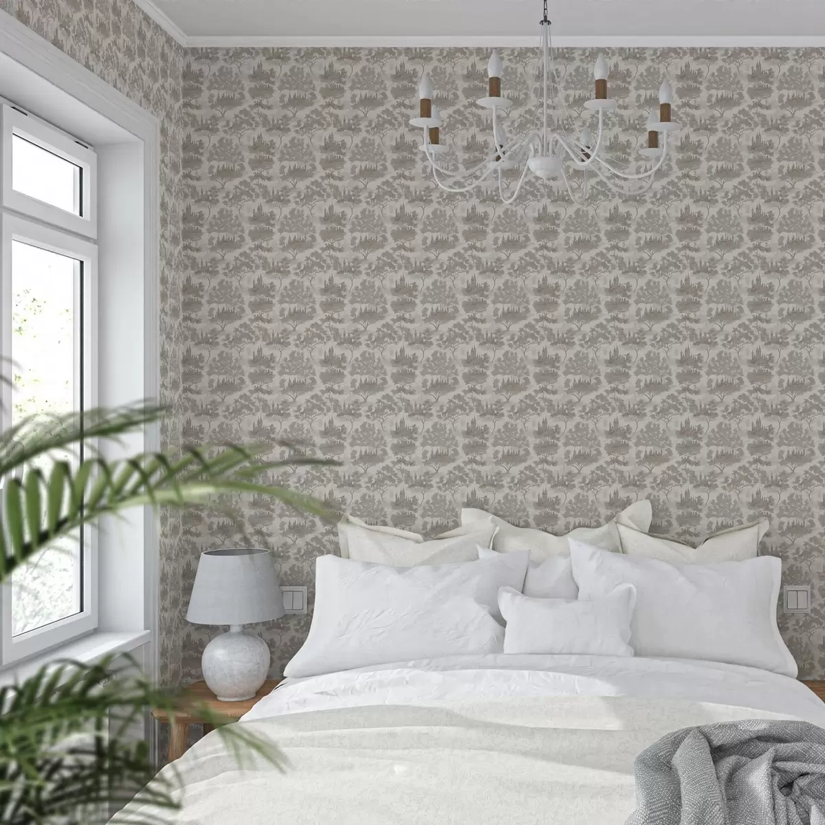 Papel pintado Castillo en el bosque en estilo gris y beige a00130