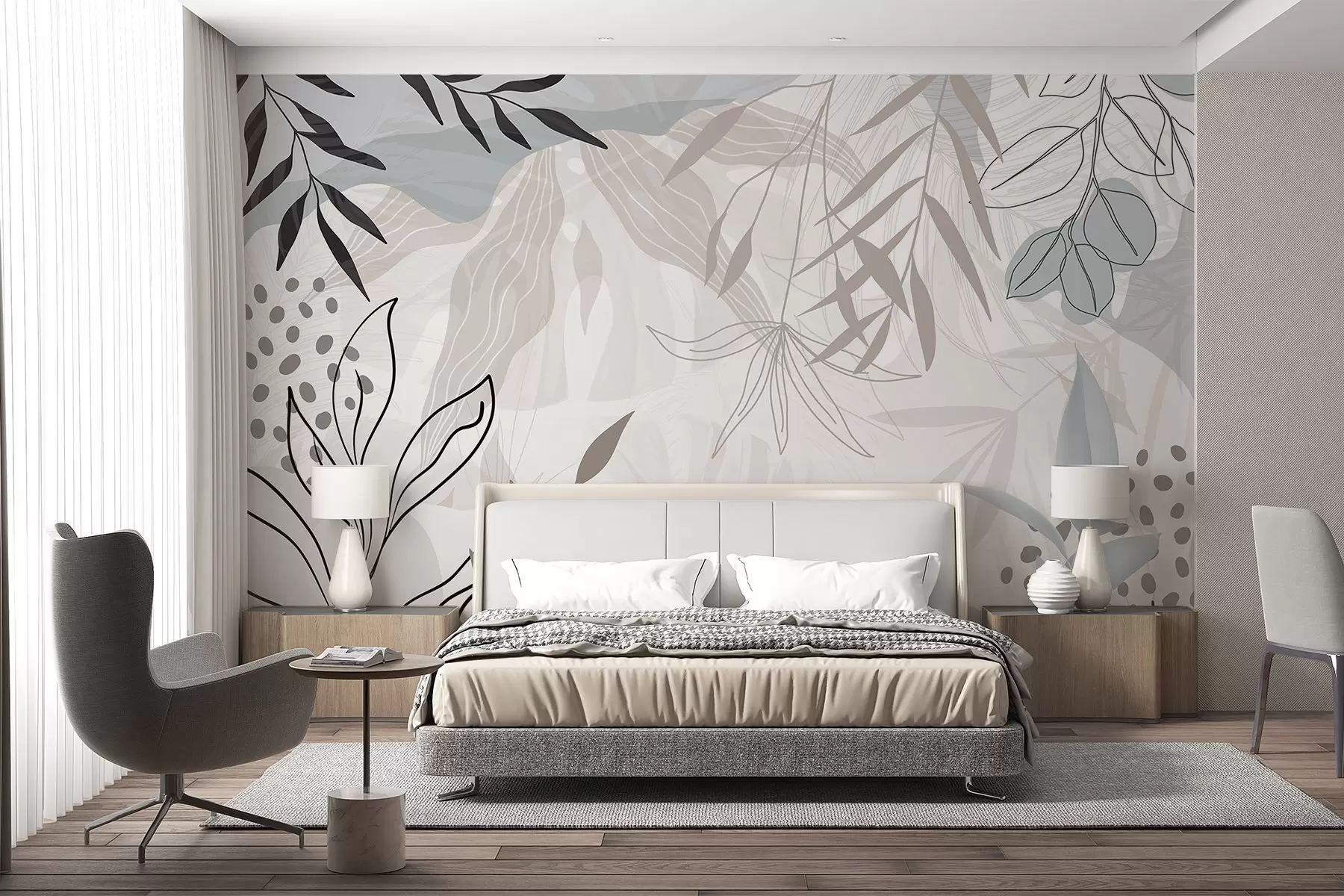 murales de pared Diseño floral abstracto moderno con hojas de color beige pastel, gris, azul y negro, delicado arte lineal y fondo suave w09105