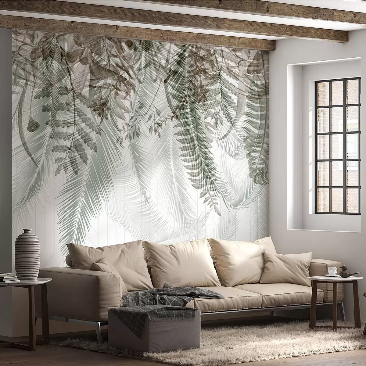 murales de pared Delicada caída de helechos tropicales y hojas de palmera, fondo geométrico, luz suave, colores apagados, elegante w09106v1