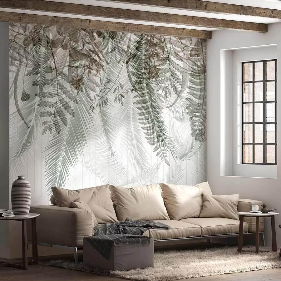 murales de pared Delicada caída de helechos tropicales y hojas de palmera, fondo geométrico, luz suave, colores apagados, elegante w09106v1