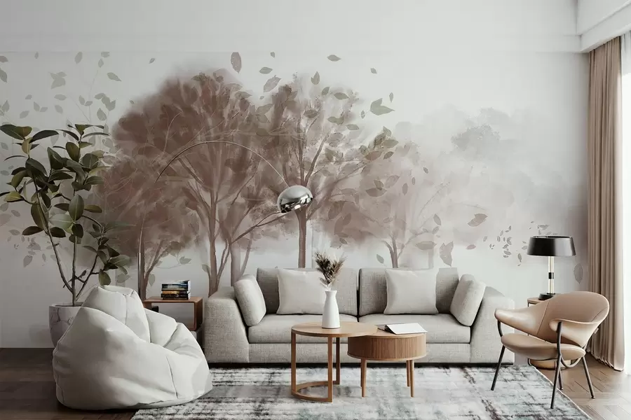 murales de pared Paisaje abstracto con árboles de hojas marrones reflejándose en el agua, en estilo acuarela texturizada w09109v1