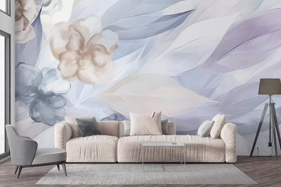 murales de pared Delicadas flores y hojas en tonos blancos, azules, púrpuras y beige fondo floral , colores suaves, delicados pétalos w09111