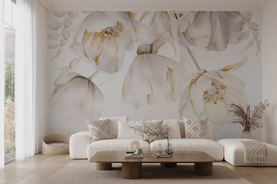 murales de pared Tulipanes blancos con pistilos amarillos, delicados pétalos, elegante arreglo floral, delicada composición, sobre fondo blanco w09112