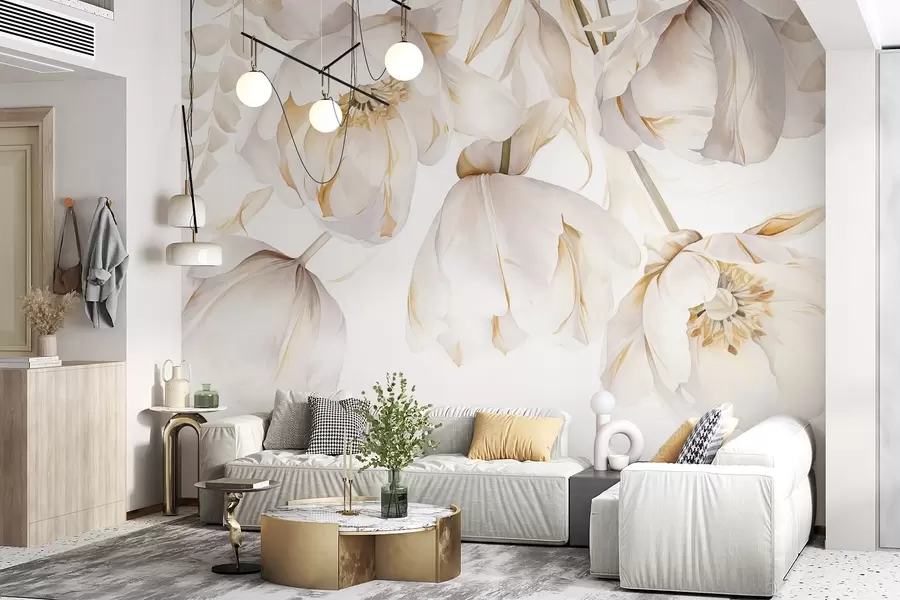 murales de pared Tulipanes blancos con pistilos amarillos, delicados pétalos, elegante arreglo floral, delicada composición, sobre fondo blanco w09112