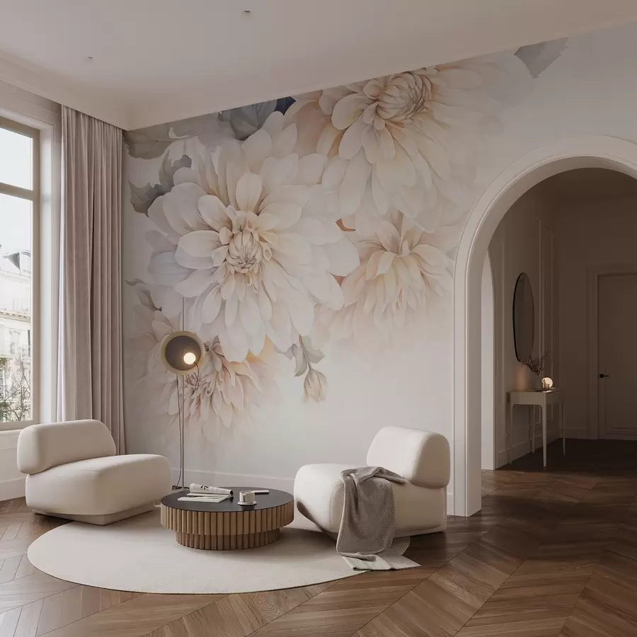 murales de pared Dalias pastel con pétalos suaves y delicados de color melocotón y blanco claro en estilo acuarela, fondo suave w09115