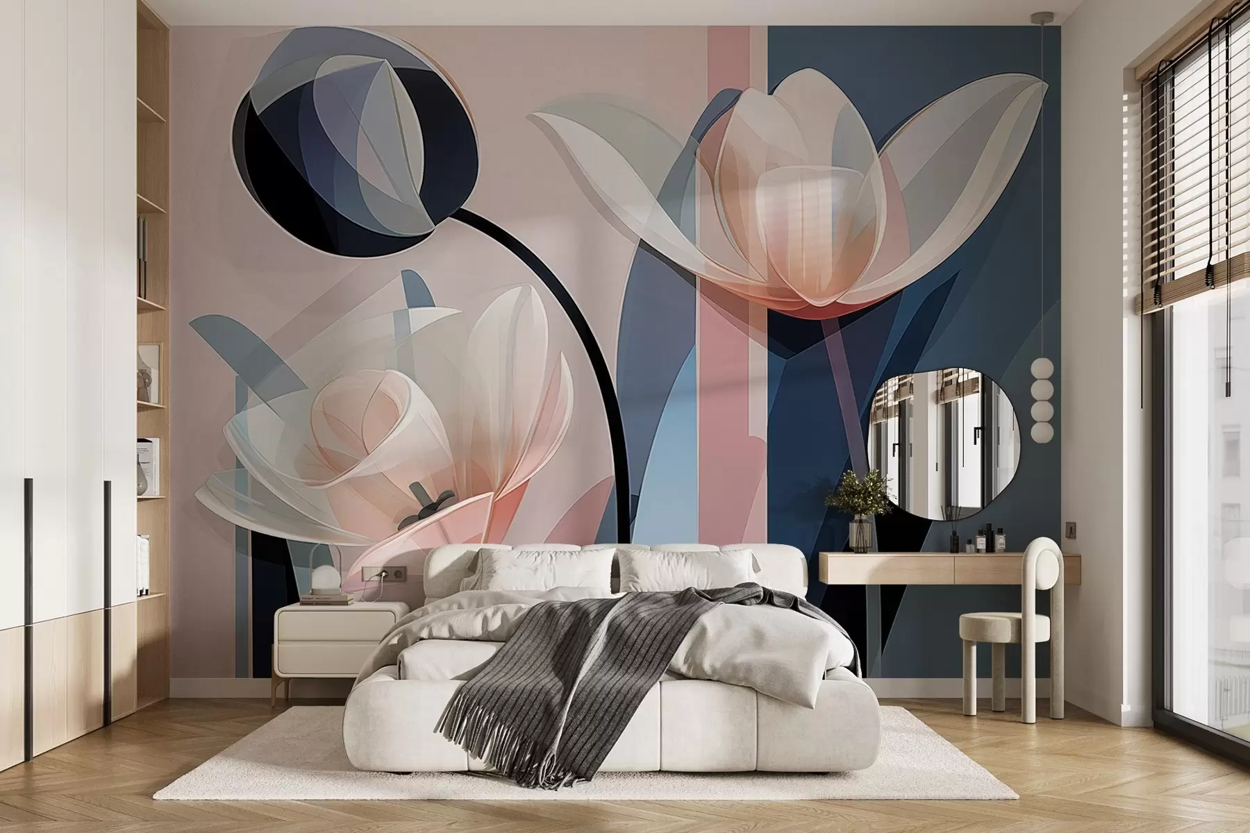 murales de pared Diseño moderno abstracto con tulipanes de pétalos transparentes en tonos pastel rosa, blanco y azul oscuro w09116