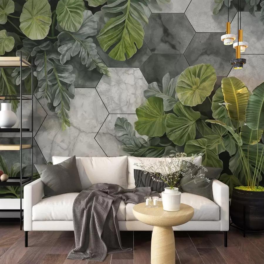 murales de pared Hojas verdes tropicales y plantas sobre un fondo de azulejos grises y blancos con textura, exuberante follaje diseño moderno w09117