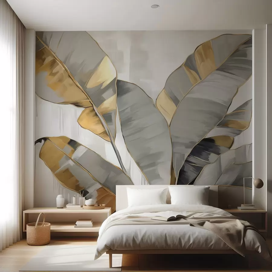 murales de pared Plátano tropical con textura de hojas en tonos grises y amarillos, estilo moderno, fondo neutro, cuadro decorativo w09118