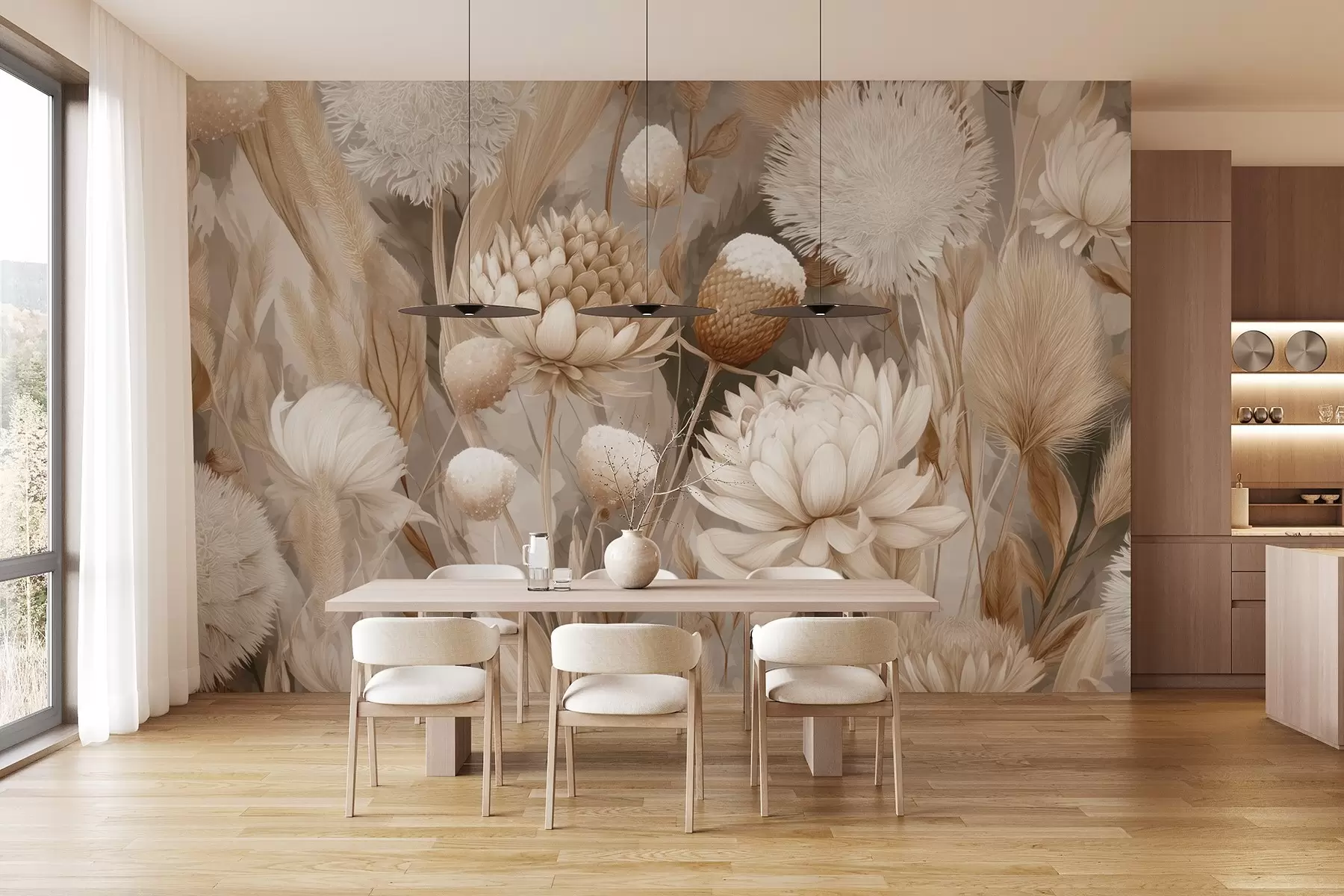 murales de pared Armonía boho: Flores texturizadas en tonos beige y crema w09121