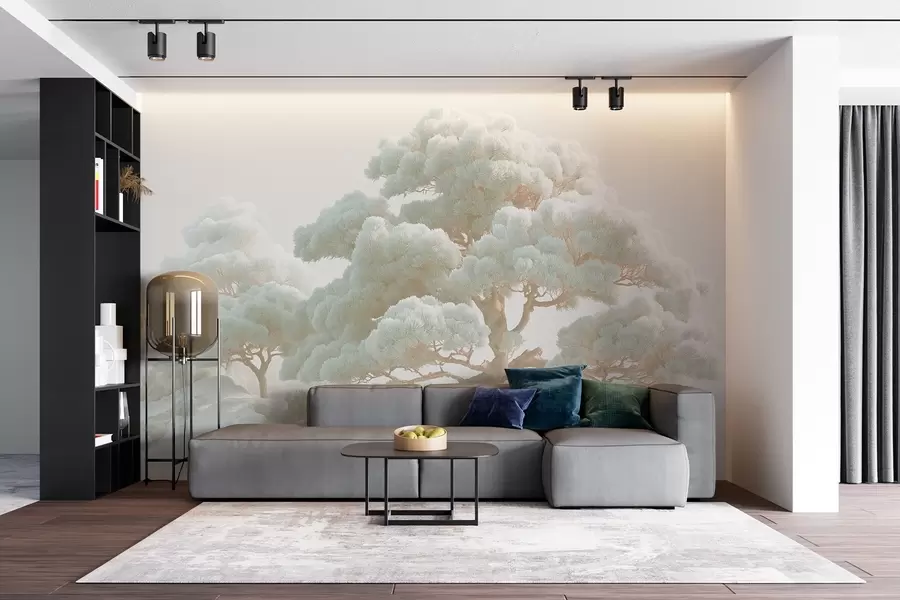 murales de pared Pinos en la niebla en tonos suaves de pie en un bosque w09122