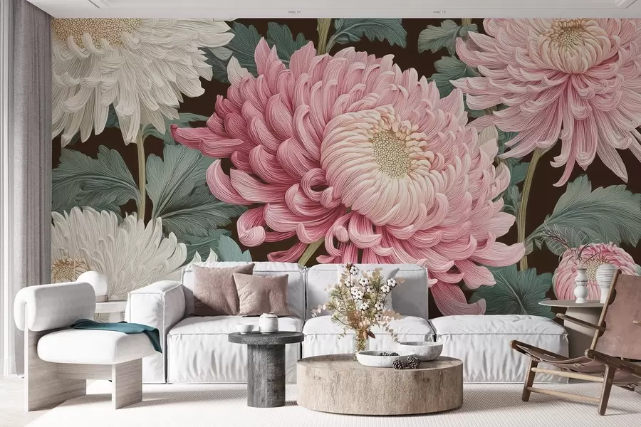 murales de pared Grandes orquídeas rosas y blancas con hojas sobre fondo oscuro w09125