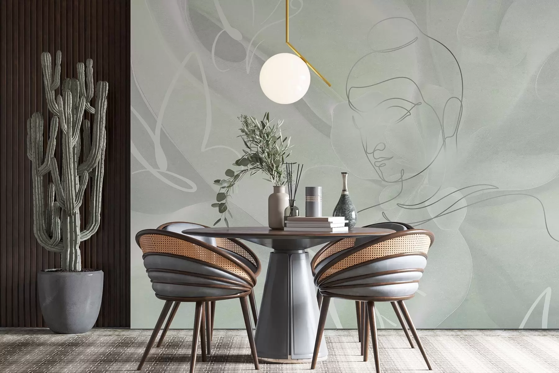 murales de pared Abstracción floral con dibujo lineal de Buda, colores verdes w04004v3