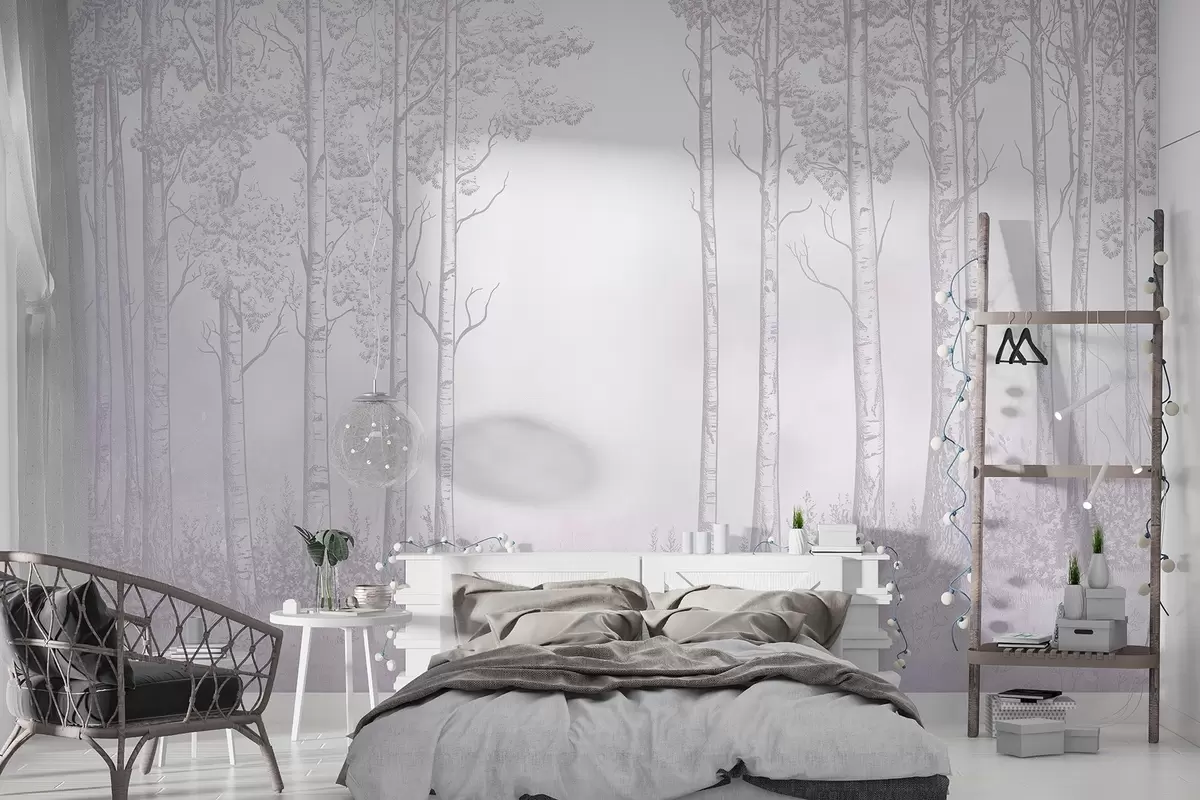 murales de pared Bosque con abedules, minimalismo, naturaleza, paleta de colores rosa w04009v2