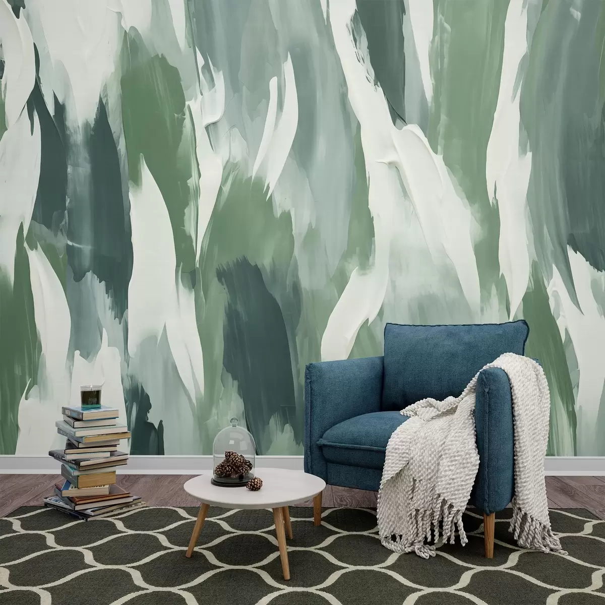 murales de pared Textura abstracta de atrevidas pinceladas verdes y crema, que evocan el ritmo del follaje soplado por el viento y el movimiento orgánico w04035