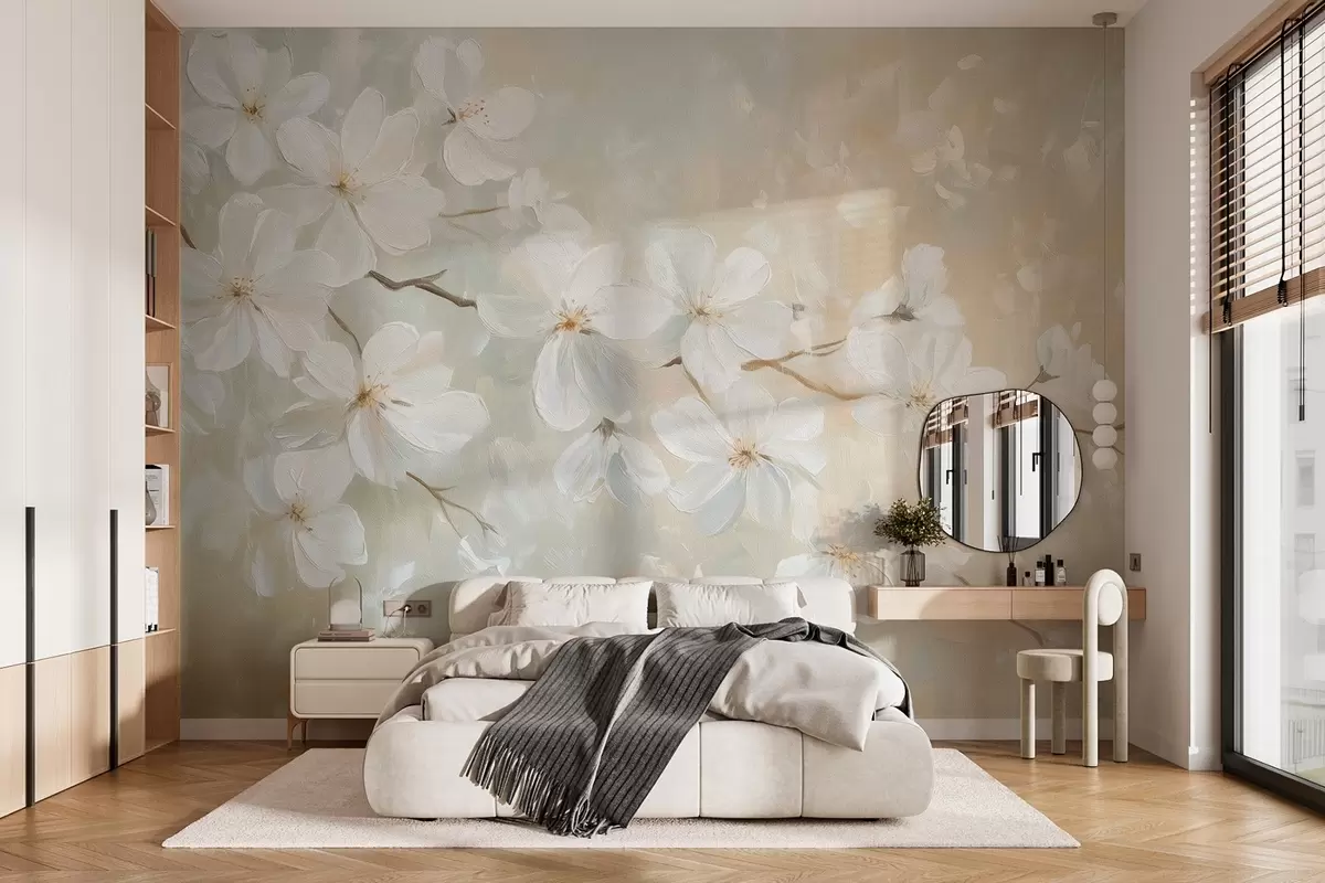 murales de pared delicada rama de albaricoque en flor en el estilo de la pintura al óleo en colores pastel w04029