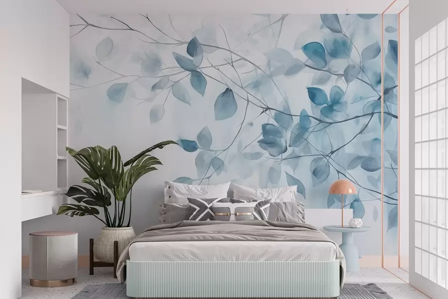murales de pared Pintura en acuarela con textura imitando hojas y ramas azules, colores suaves, detalles delicados sobre fondo blanco w09133v1