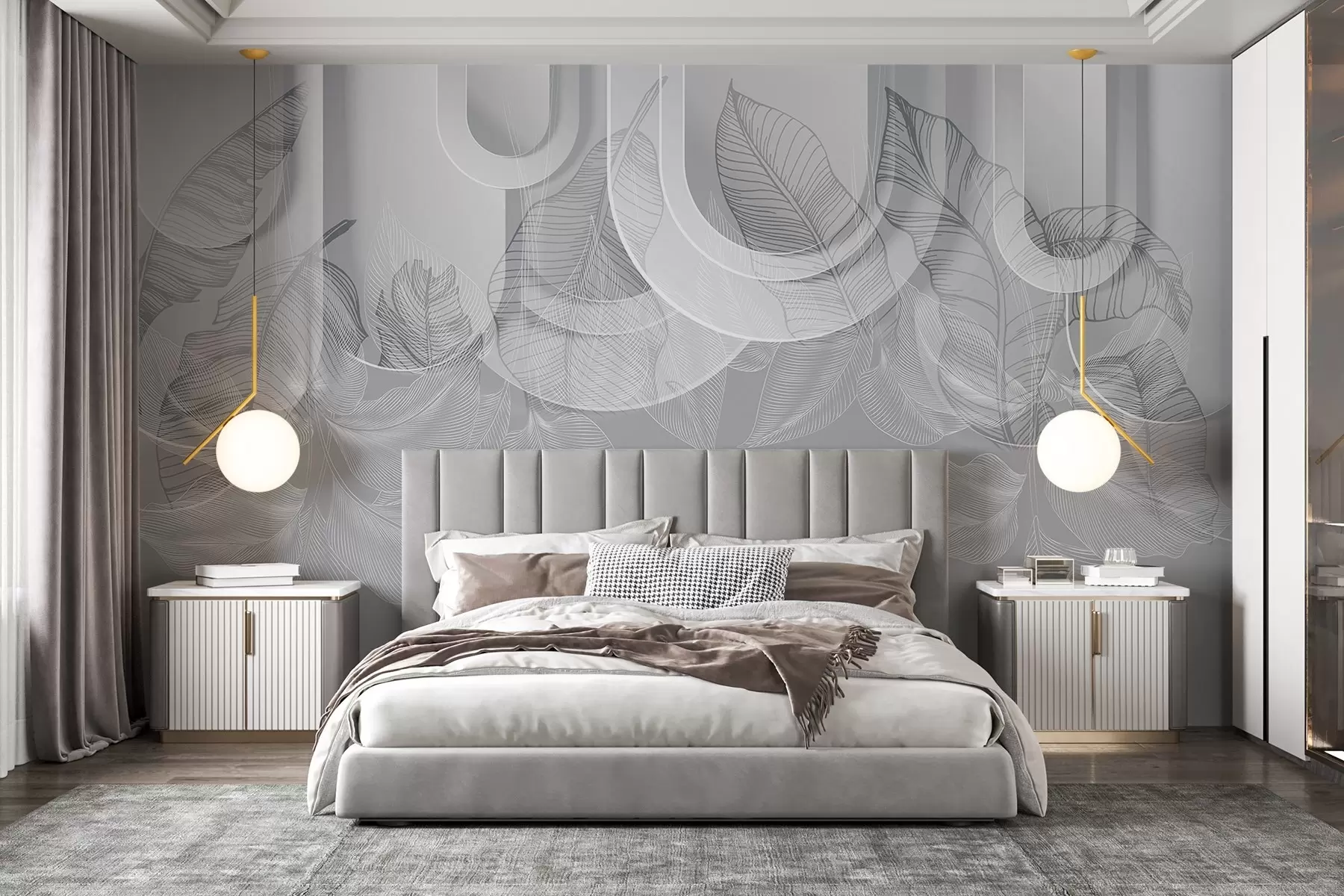 murales de pared Fondo abstracto con arcos grises y hojas tropicales blancas, diseño minimalista, elegante y moderno, paleta de colores neutros w09138