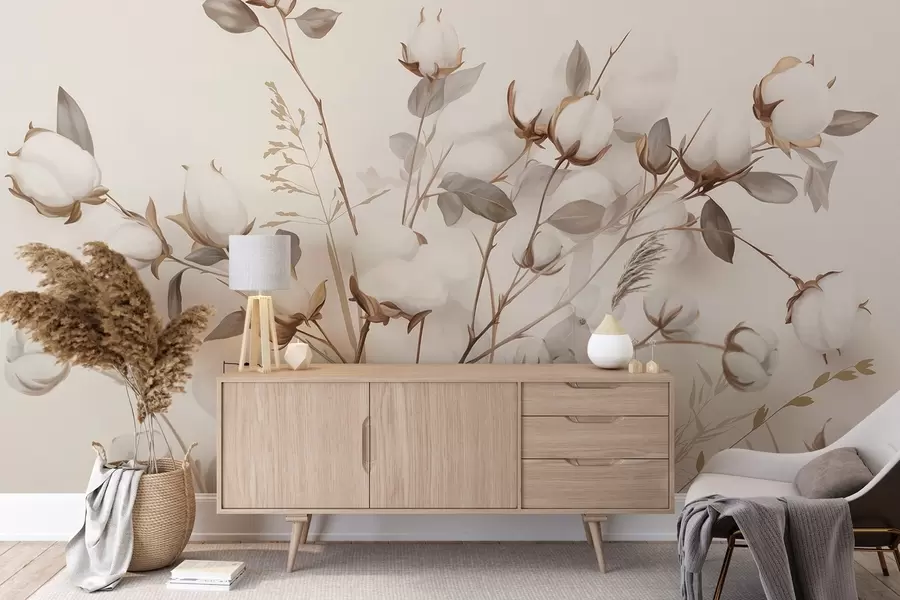 murales de pared Flores de algodón con tallos y hojas en una paleta de color marrón claro, fondo beige, suave y delicado, estilo acuarela w09141