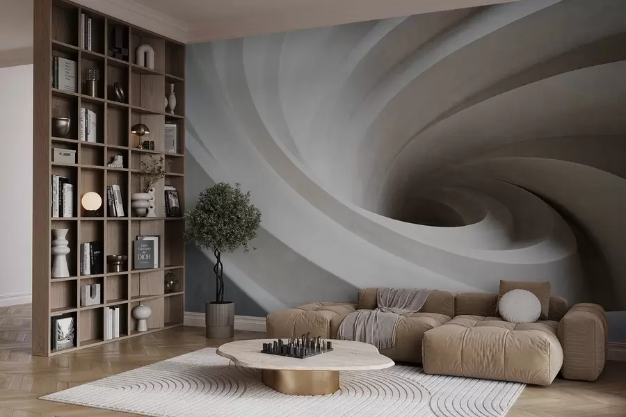 murales de pared Remolino abstracto texturizado de capas blancas y beige, creando un efecto de vórtice, composición dinámica, diseño minimalista moderno w09144