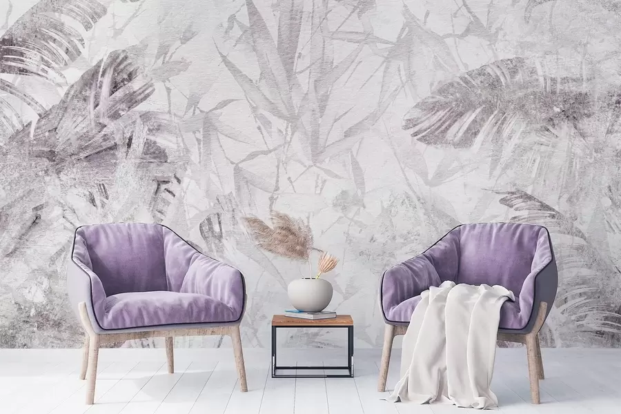 murales de pared Abstracción floral de estilo grunge con imitación de abrasión, tonos morados w03926v1