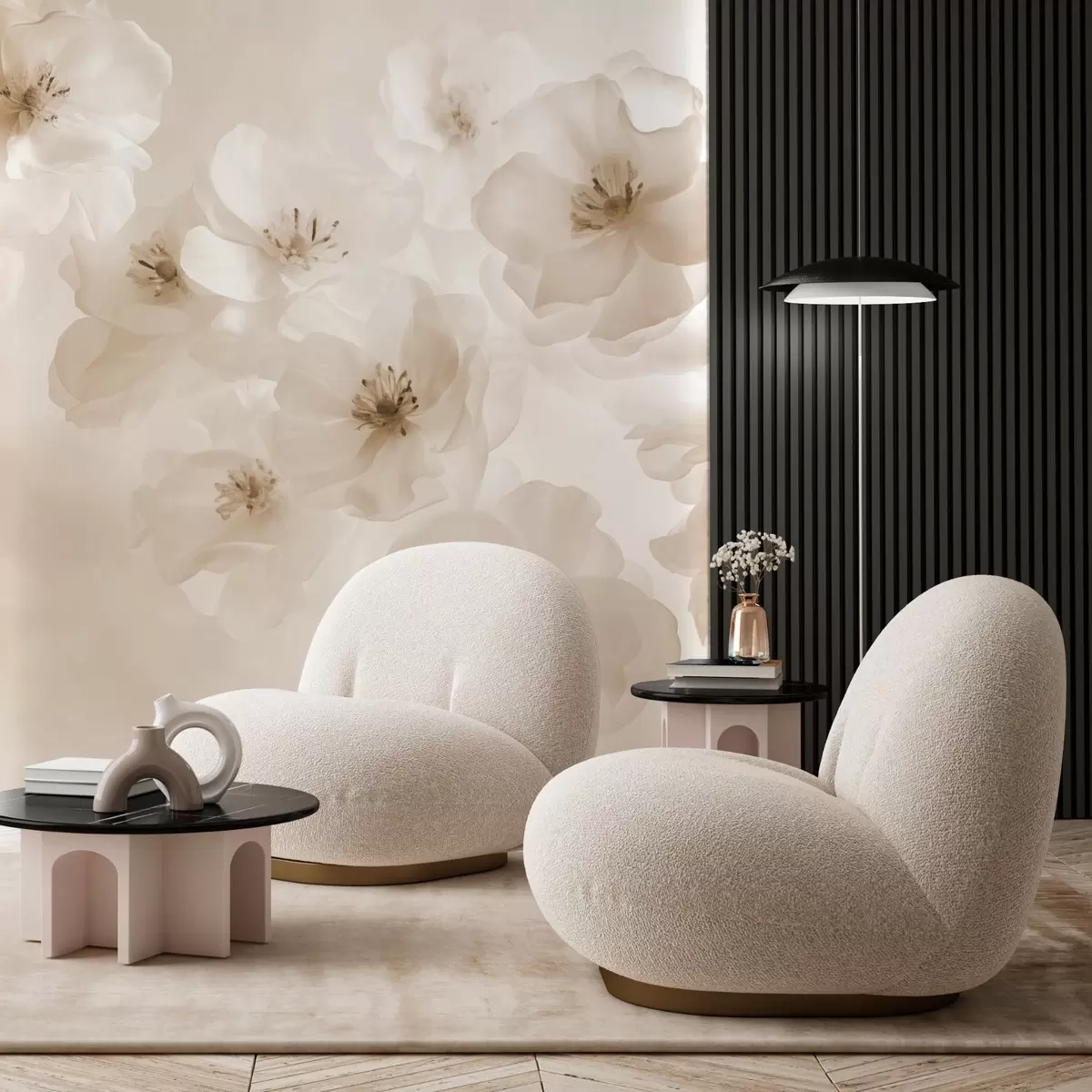 murales de pared Delicadas flores grandes, tonos beige w03931v2