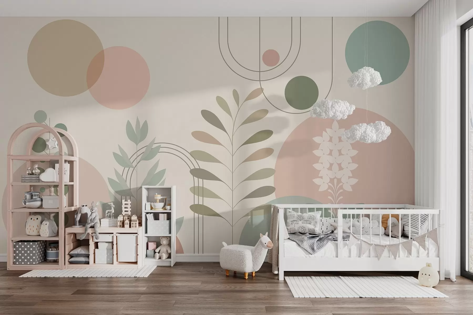 murales de pared abstracción geométrica con círculos y plantas estilizadas sobre fondo crema w04070