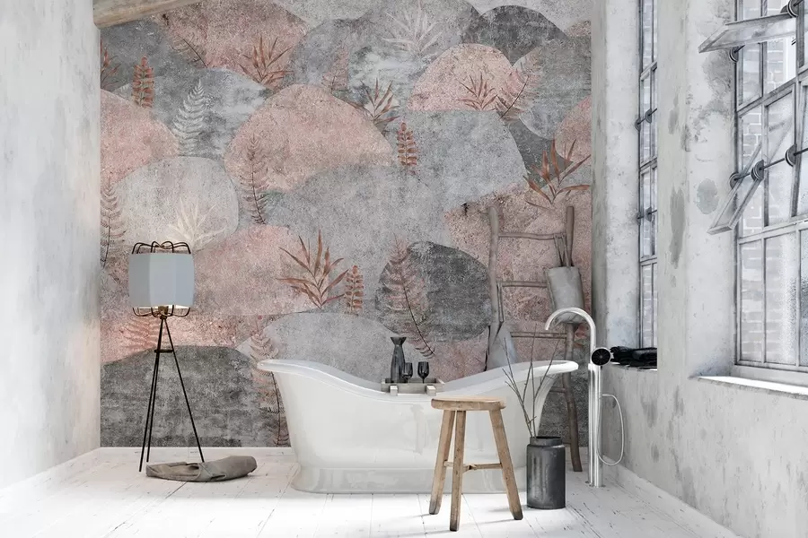 Murales de pared Piedras con plantas, helecho, nórdico, estilo rústico, colores gris y rosa w04064v1 murales de pared Piedras con plantas, helecho, nórdico, estilo rústico, colores gris y rosa w04064v1