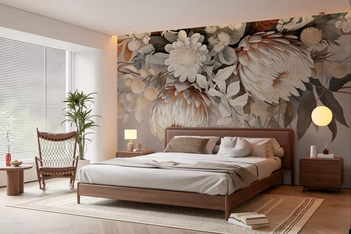 murales de pared Gran protea texturizada con toques marrones, margaritas blancas y flores amarillas, fondo beige apagado w09157