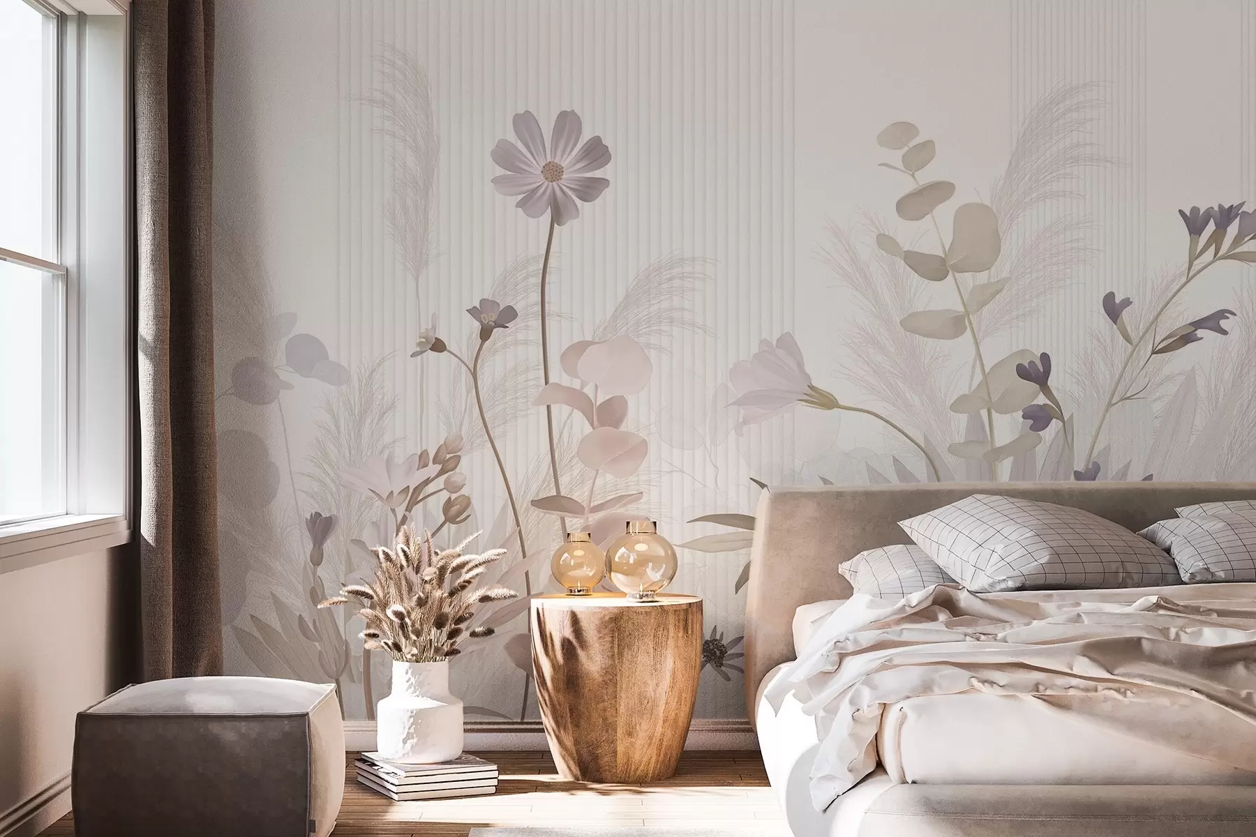 murales de pared Flores en colores pastel, hojas marrón claro, fondo blanco con líneas verticales, elegante y minimalista w09161