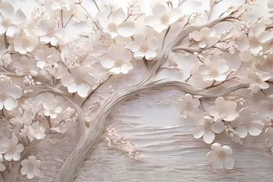 murales de pared Árbol texturizado con flores blancas y tronco marrón, el fondo es blanco con líneas horizontales iluminación suave w09166