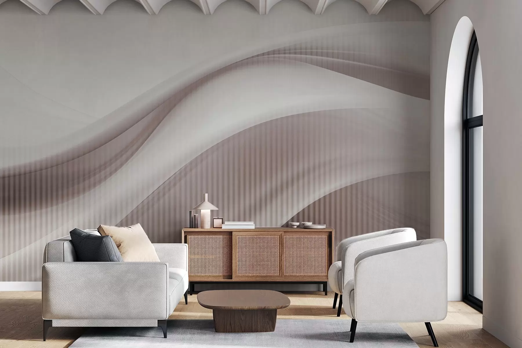 murales de pared Estampado abstracto con líneas fluidas y sutiles rayas verticales, que crean una sensación de movimiento y profundidad, paleta beige w09189