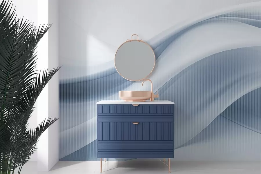 murales de pared Estampado abstracto con líneas fluidas y sutiles rayas verticales, que crean una sensación de movimiento y profundidad, paleta azul w09189v1