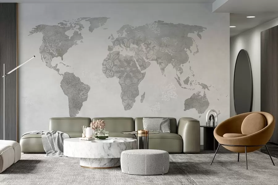 murales de pared Mapamundi con motivos, tonos monocromos w03954v1