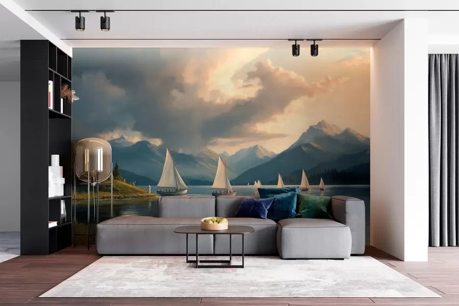 murales de pared regata en un lago con cielo nublado al estilo de un óleo del siglo XIX w04076