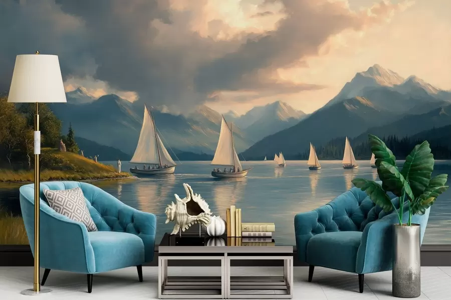 murales de pared regata en un lago con cielo nublado al estilo de un óleo del siglo XIX w04076