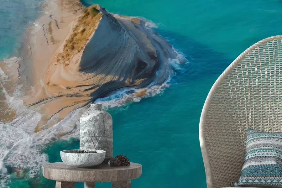 murales de pared Isla griega, textura estilo óleo, costa marina, agua aguamarina, realismo w04094