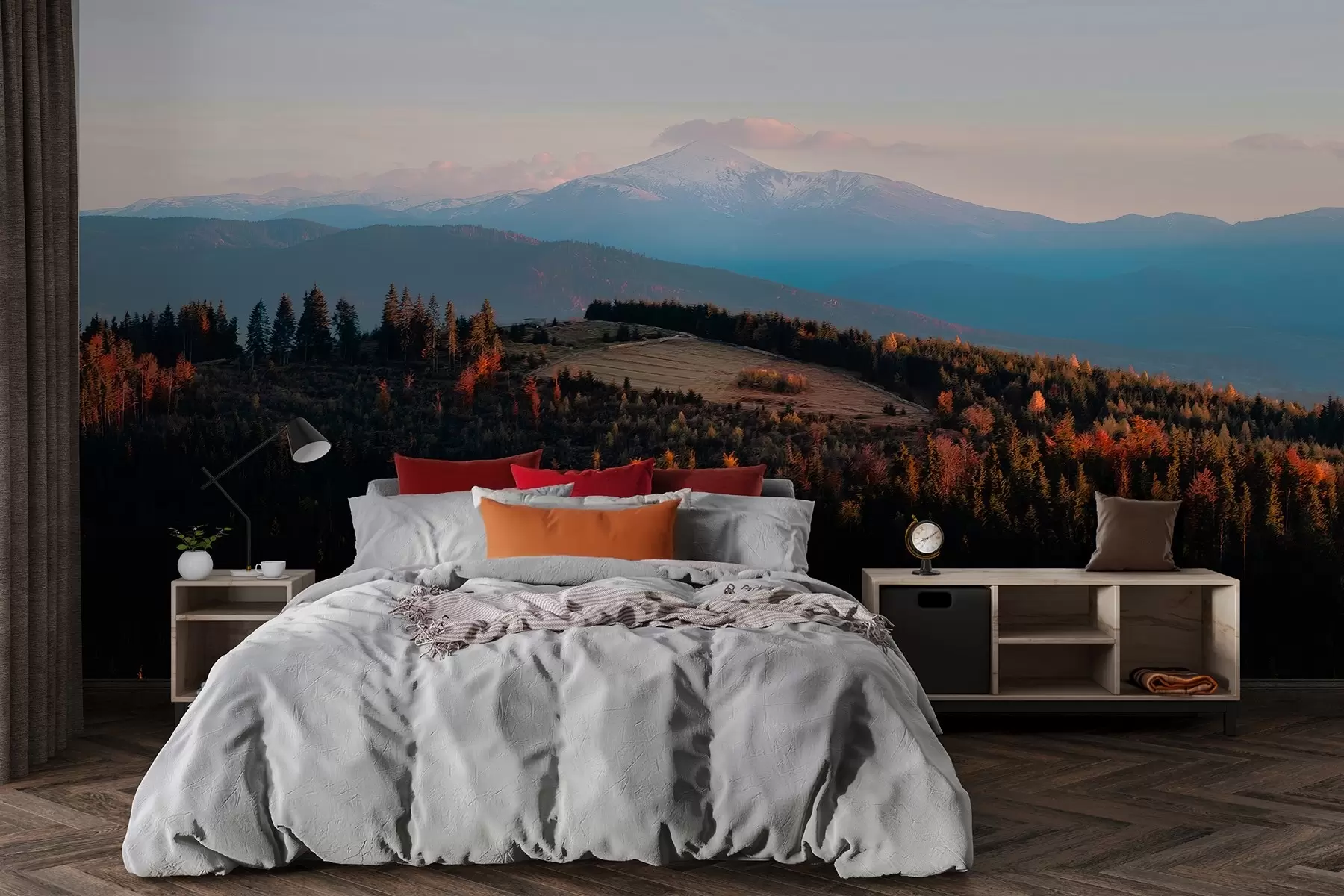 murales de pared Montañas de los Cárpatos, textura al óleo, bosque otoñal, cielo al atardecer w04098